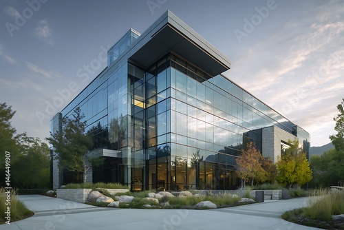 Exterior view of a modern glass building with surrounding greenery and a cloudy sky at dusk time