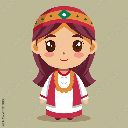 Adorable Cartoon Girl in Traditional Clothing