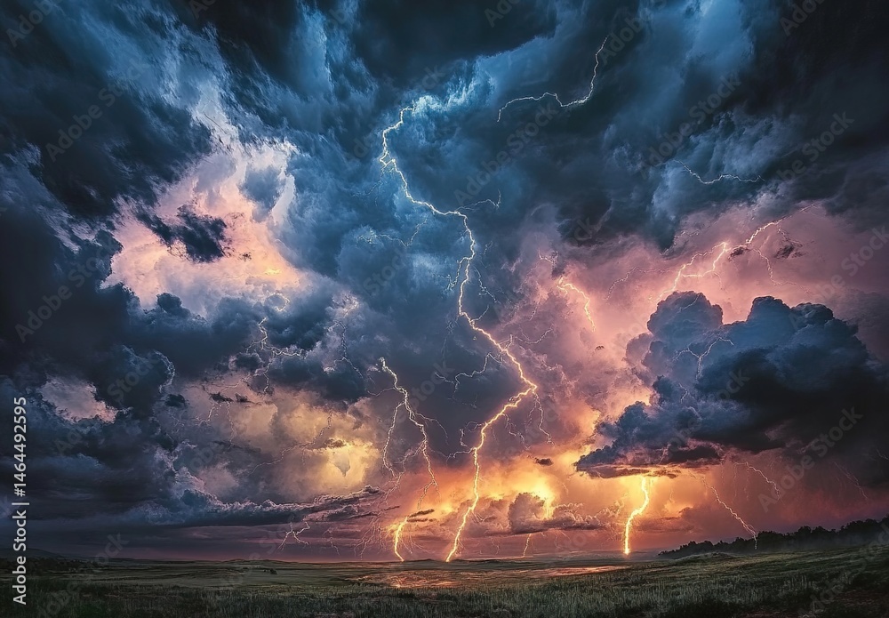 Fototapeta premium Thunderstorm over grassland with dark clouds and lightning strikes.