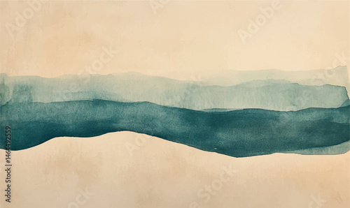 Background. Teal and sandy beige watercolor texture on paper. A simple curved line representing an island’s shore at the bottom
