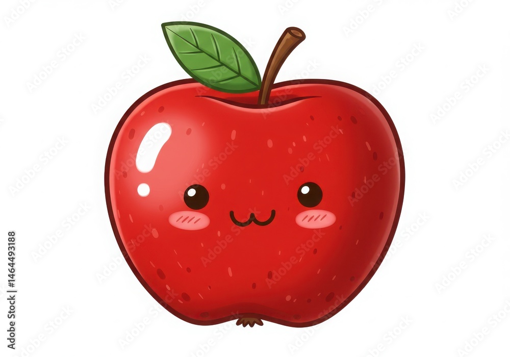 Fototapeta premium A cute red apple with a face and a green leaf illustration