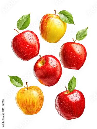 Fresh handpicked gala apples with water drops floating in clear space isolated on a bright white background
