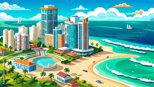  Very beautiful Sunny Isles Beach Florida. Panorama of Miami Beach FL. Atlantic Ocean beach. Beautiful seascape. Turquoise color of sea water. Summer vacation in Florida. Aerial view on Hotels and Res