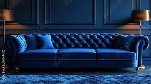 Luxurious deep blue velvet sofa in elegant room