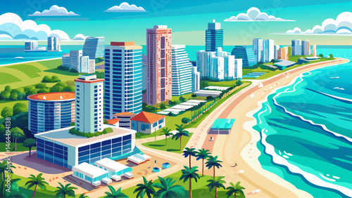  Very beautiful Sunny Isles Beach Florida. Panorama of Miami Beach FL. Atlantic Ocean beach. Beautiful seascape. Turquoise color of sea water. Summer vacation in Florida. Aerial view on Hotels and Res