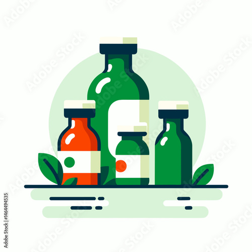 Herbal tincture bottles with green leaves in a minimalist style  