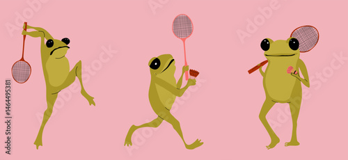 Funny Cartoon Frogs Enjoying a Game of Badminton