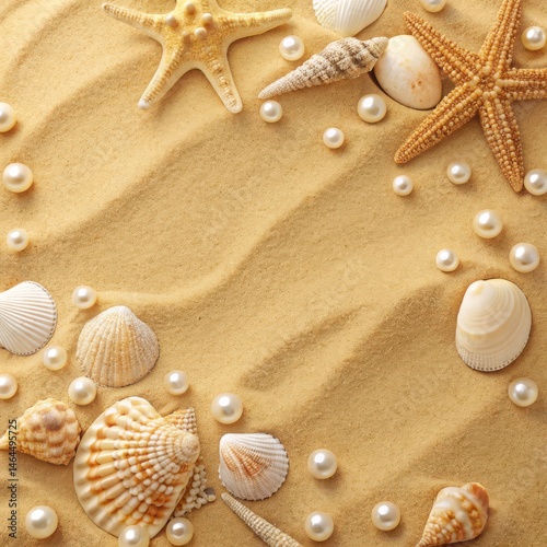 Delicate Seashells, Pearls, and Starfish on Golden Sandy Beach