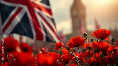 Obraz na płótnie VE Day Tribute Union Jack Flag and Poppies 4K w salonie