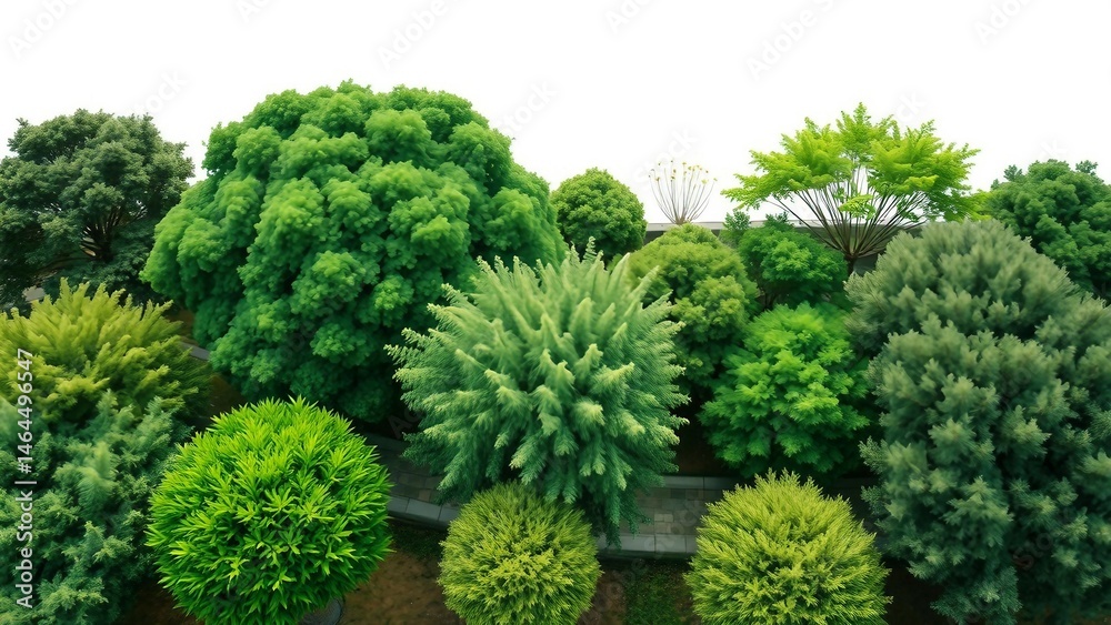 Various green trees bushes and shrubs top view for landscape design plan Isolated watercolor illustr