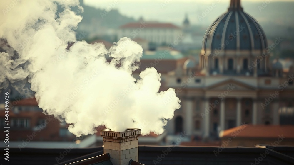 Vatican rooftop chimney emitting white smoke signaling papal election blurred St Peters Basilica bac