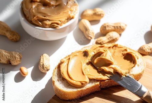 Delicious creamy peanut butter spread on fresh bread with whole peanuts scattered on a bright kitchen counter setting