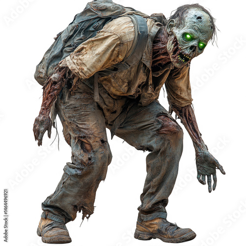 Stock image of scary zombie with glowing eyes and backpack for halloween on transparent background