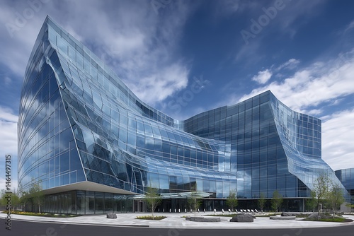 View of a modern glass building with a unique curved design under a cloudy blue sky on a sunny day outside