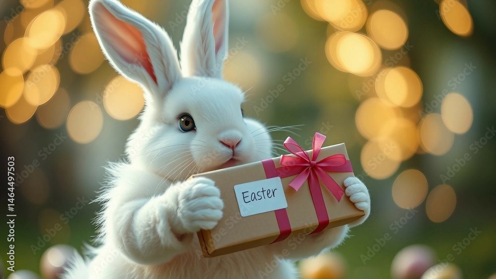 White Easter bunny holding a parcel for courier delivery gift orders 4K