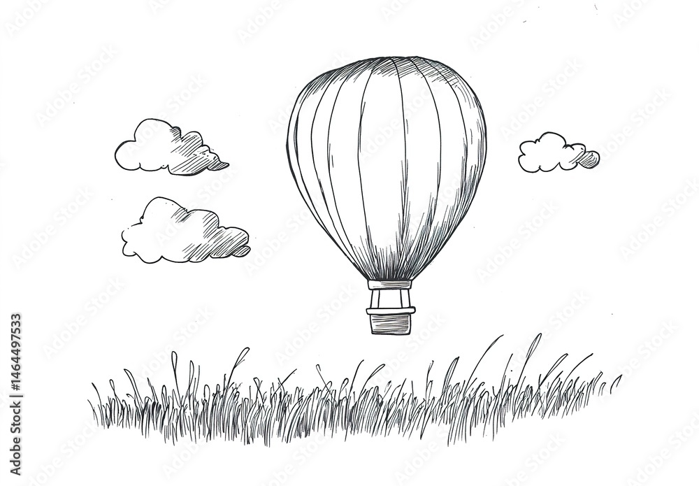 Obraz premium Black-and-white line drawing of hot air balloon over grassy field with clouds.