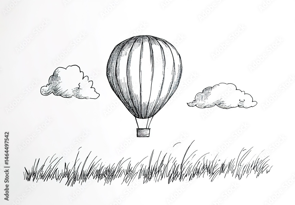 Obraz premium Black-and-white line drawing of hot air balloon over grassy field with clouds.