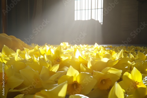 A profusion of yellow daffodils in a sunlit room.