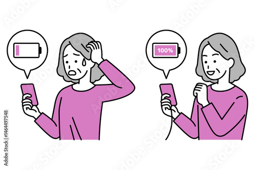 スマートフォンのバッテリーを充電している年配の女性　セット