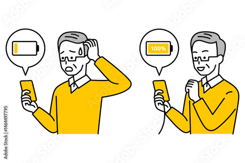スマートフォンのバッテリーを充電している年配の男性　セット
