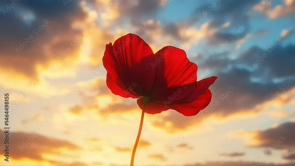 Vibrant red flower reaching towards a colorful sunset sky