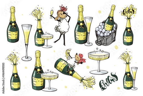 A playful doodle sticker set featuring a cheeky sheep sipping champagne, wine bottles, and cheerful 'Cheers!' captions. Fun, quirky and perfect for party vibes