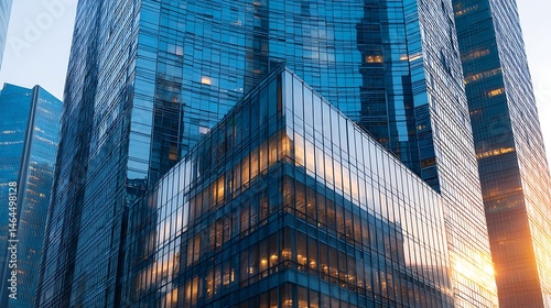 Low angle view of modern glass office buildings reflecting sunlight in the city at golden hour time