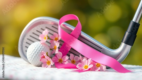 Womens golf club with pink ribbon flowers and golf ball Breast Cancer Awareness Month concept Mother