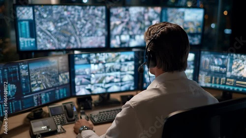 High-tech operations hub, analyst monitors dozens of screens to maintain security across critical facilities. Security command center live feeds and alert systems ensure, vigilance and rapid response
