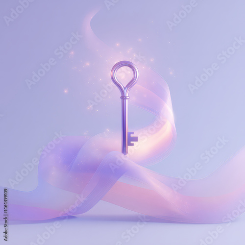 Magical key floating with colorful ribbons on soft background  