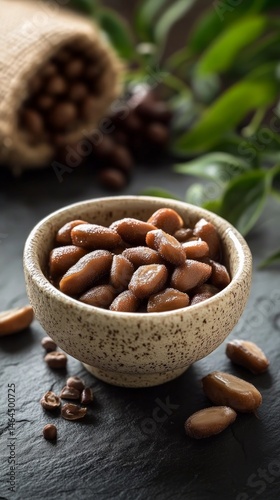 Closeup Of Brown Beans In Small Bowl On Dark Stone Background