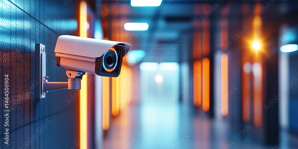 Security surveillance camera in a modern corridor with vibrant blue and orange lighting accents, showcasing advanced technology in a digital environment. Security surveillance camera in a modern corridor with vibrant blue and orange lighting accents, showcasing advanced technology in a digital environment.