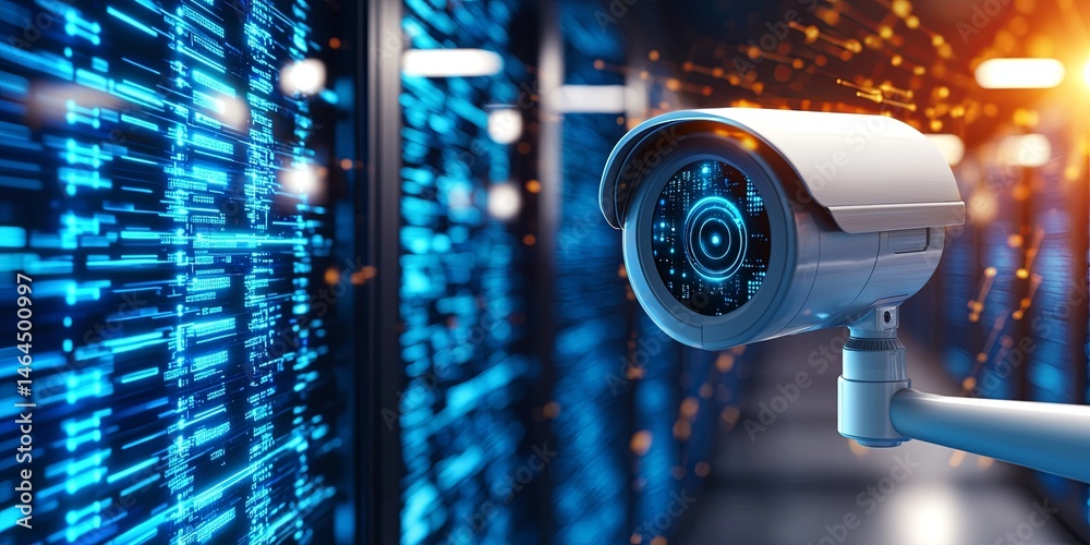 High-Tech Surveillance Camera Monitoring Data Center with Glowing Blue Lights in Futuristic Server Room Environment for Security and Technology Concepts High-Tech Surveillance Camera Monitoring Data Center with Glowing Blue Lights in Futuristic Server Room Environment for Security and Technology Concepts