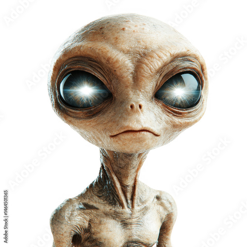 Alien grey extraterrestrial with glowing eyes space exploration concept art on transparent background