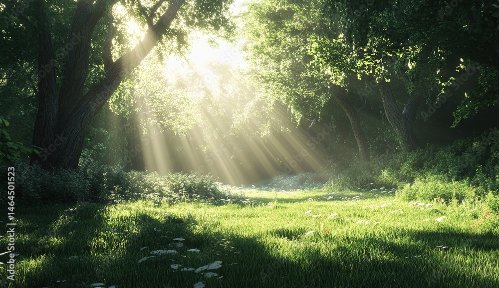 Obraz premium Sunlight Streams Through Lush Forest Trees