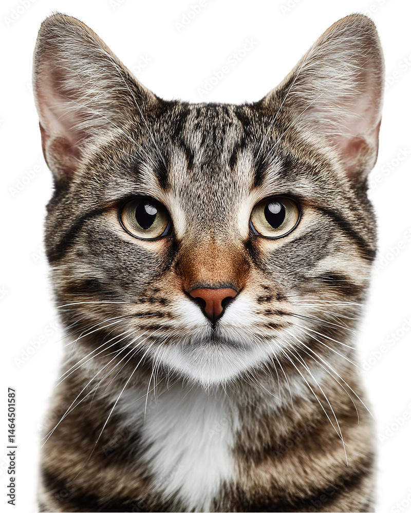 Fototapeta premium Close-up portrait of a domestic tabby cat with striking features and expressive eyes against a plain background