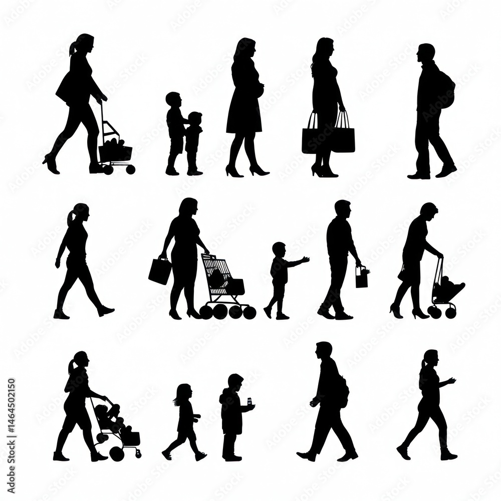 Fototapeta premium Family shoppers, shopping, city, silhouettes, background, vector illustration, website design