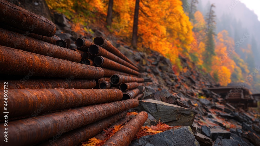 Rusty pipes stacked on rocky terrain surrounded by vibrant autumn foliage in a misty landscape Rusty pipes stacked on rocky terrain surrounded by vibrant autumn foliage in a misty landscape