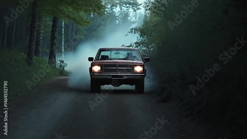 A vintage pickup truck drives on a dirt road through a misty forest at dusk.  The headlights illuminate the dust kicked up by the vehicle's tires.  The overall mood is mysterious and atmospheric