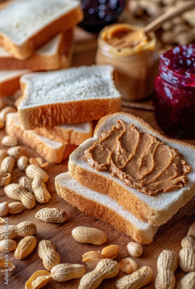 Fototapeta premium Delicious Peanut Butter Spread on Fresh Slices of Bread Surrounded by Peanuts and Jars of Sweet Jam, Perfect for Breakfast or Snack Ideas