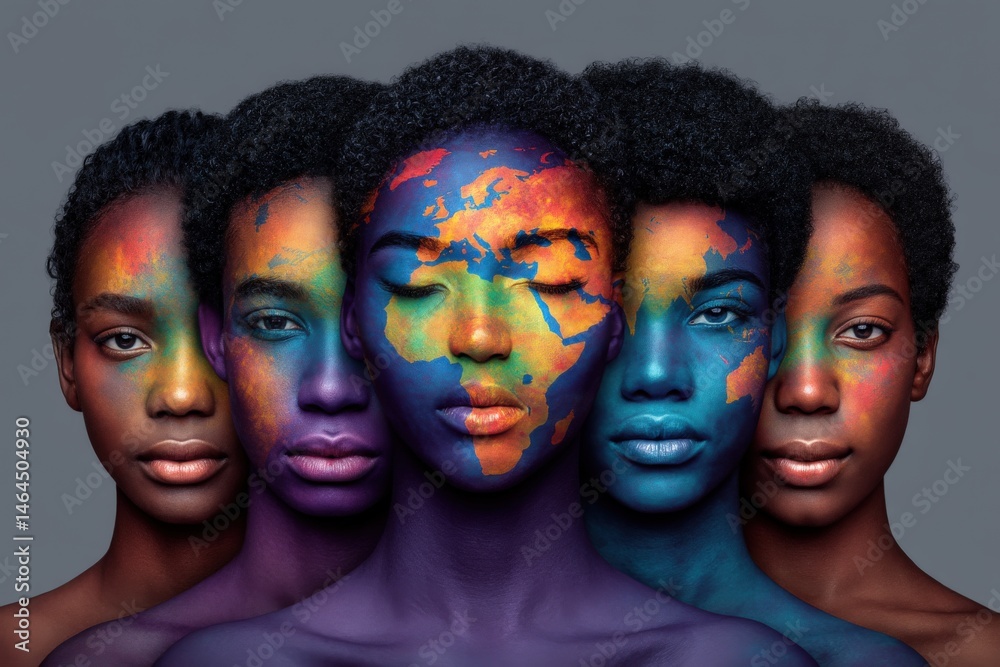 Obraz premium Five distinct women with artistic face paint representing world maps in vibrant colors showcasing unity diversity and cultural expression amidst a backdrop of deep artistic harmony