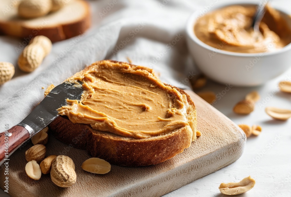 Fototapeta premium Deliciously Creamy Peanut Butter Spread on Freshly Toasted Bread with Peanuts in the Background for a Tasty Breakfast or Snack Scene