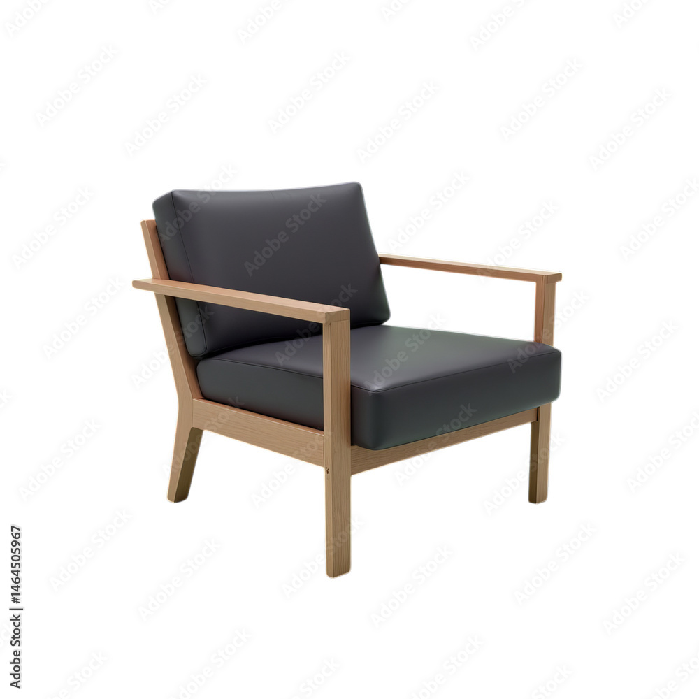 Fototapeta premium Modern Armchair, Black Leather, Wood Frame, with transparent background.
