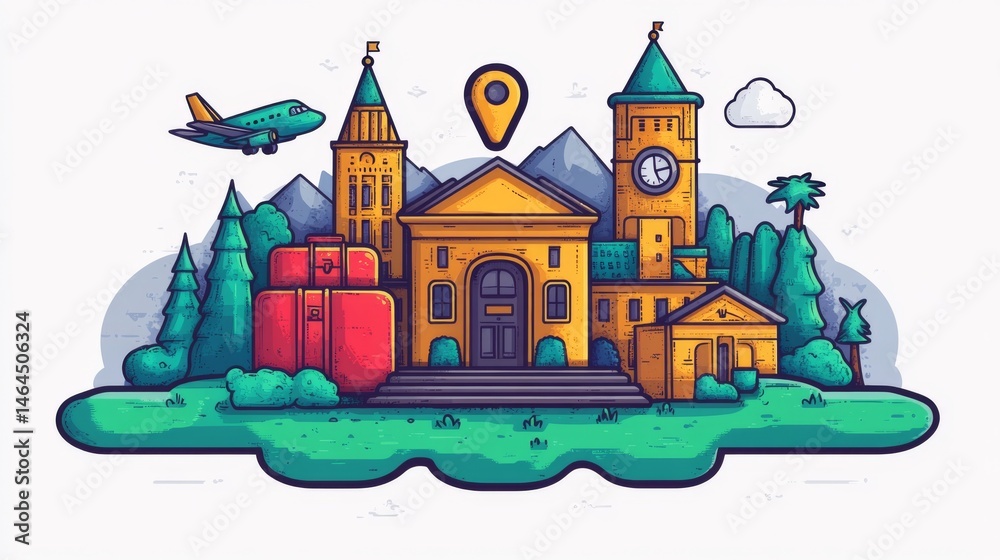 Aerial view of historic architecture scenic landscape illustrated art travel destination united kingdom creative design Aerial view of historic architecture scenic landscape illustrated art travel destination united kingdom creative design