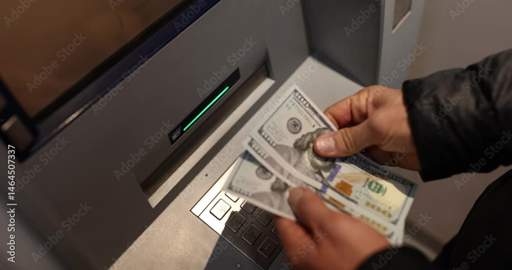 Man hand takes dollar bills from ATM in evening on street. Customer withdraws cash emphasizing secure and convenient process of account accessing