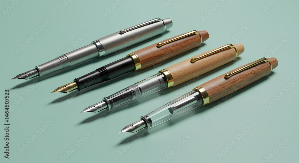 Fototapeta premium Elegant Fountain Pens on Light Green Background