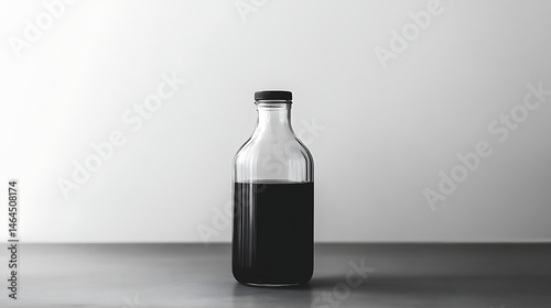 Dark liquid in a clear glass bottle on a gray surface.
