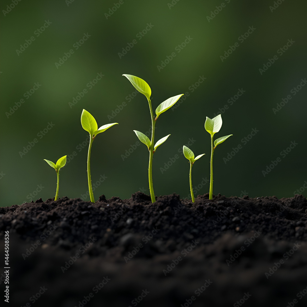 Fototapeta premium Growth Stages: A symbolic depiction of progress, a sequence of five green saplings emerging from the fertile soil, each representing a phase of development and evolution.