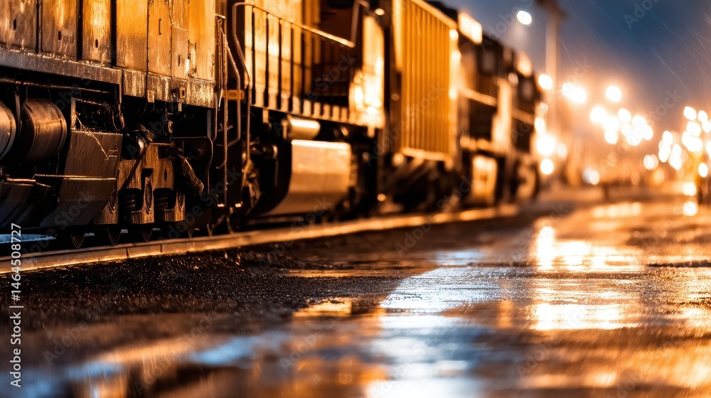 Obraz premium Nighttime scene of freight trains parked on wet tracks, illuminated by distant lights