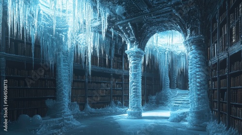 Frozen library interior, ice-covered columns and bookshelves.